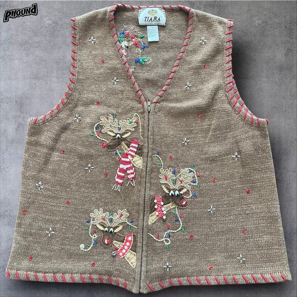 VINTAGE Tiara International Sweater Vest Womens Large Zip Reindeer Ugly Xmas 00s - Picture 1 of 10